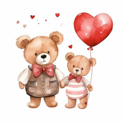 Two Bears a couple holding hand and red heart balloon. Valentine's day card concept. Love postcard....