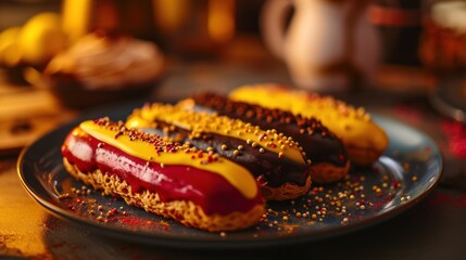  three hotdogs with mustard and ketchup on a black plate with sprinkles and a teapot in the background on a table with other food. - obrazy, fototapety, plakaty