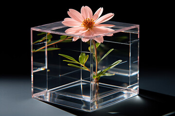 A flower in a glass cube on a dark background. Generated by artificial intelligence