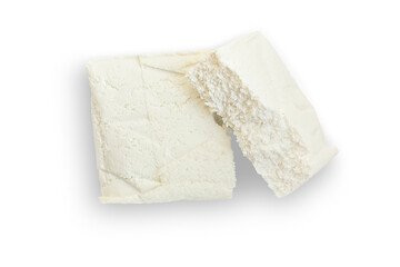 Briquette of fresh cottage cheese isolated on a transparent background. View from above.