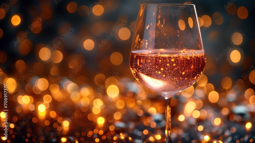 Wall mural a close up of a wine glass on a table with a blurry background of lights in the middle of the glass 