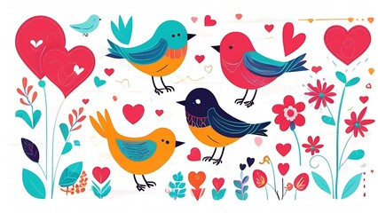 Valentine's Day card. Birds and hearts. set of elements for a postcard
