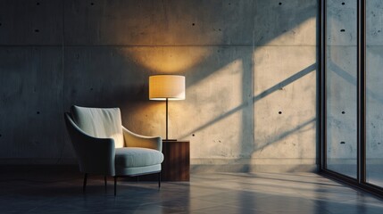 a chair next to a lamp in a room with a concrete wall and a large window on one side of the room and a floor lamp on the other side of the room.