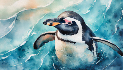 Top view of a stilazed penguin in the ocean, watercolor art style, copy space on a side - obrazy, fototapety, plakaty