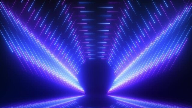 3D animation. Abstract neon light background with laser rays in blue purple for futuristic wallpaper 4K footage