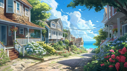 Obraz premium a painting of a street with houses and flowers in the foreground and a body of water in the background, with a blue sky and white clouds in the background.