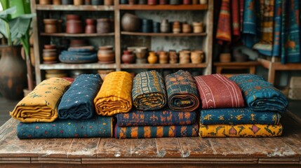  a pile of colorful towels sitting on top of a wooden table next to a shelf filled with pots and pans of pottery on top of a wooden table top.