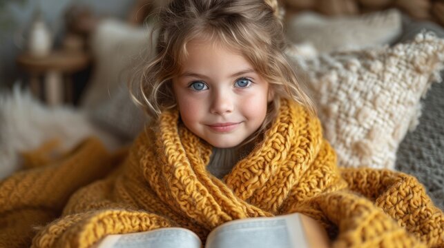  A Little Girl Is Sitting On A Couch With A Book In Her Lap And Smiling At The Camera While She Is Wrapped Up In A Blanket And Looking At The Camera.