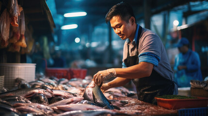 Fishermen sell fish in the market - obrazy, fototapety, plakaty