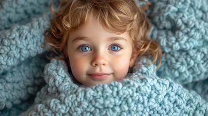  a small child wrapped in a blue blanket, lying on a bed The blanket is soft and cozy, and the child looks content and relaxed