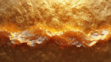  a painting of a wave in the ocean with orange and yellow hues on the water and on top of the wave is an orange and yellow hue on the bottom of the water.