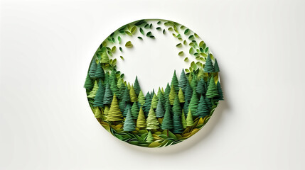 origami paper cut green growing trees in a circle, white backgro