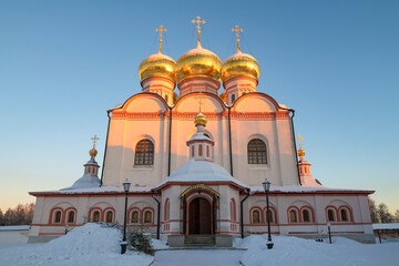 Ancient Cathedral of the Iverskaya Icon of the Mother of God close-up on a January evening. Valdai Iversky Monastery. Novgorod region, Russia