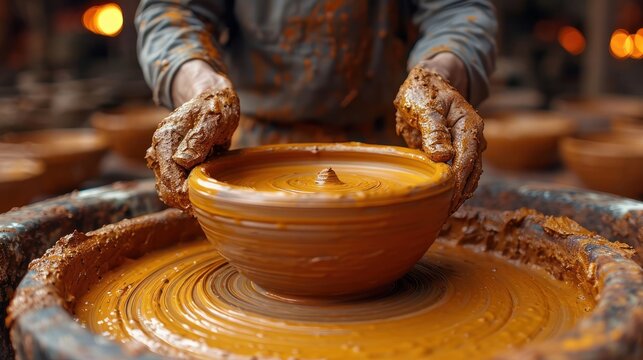  a person making a bowl out of clay with a potter's wheel in the foreground and other bowls on the other side of the bowl in the background.