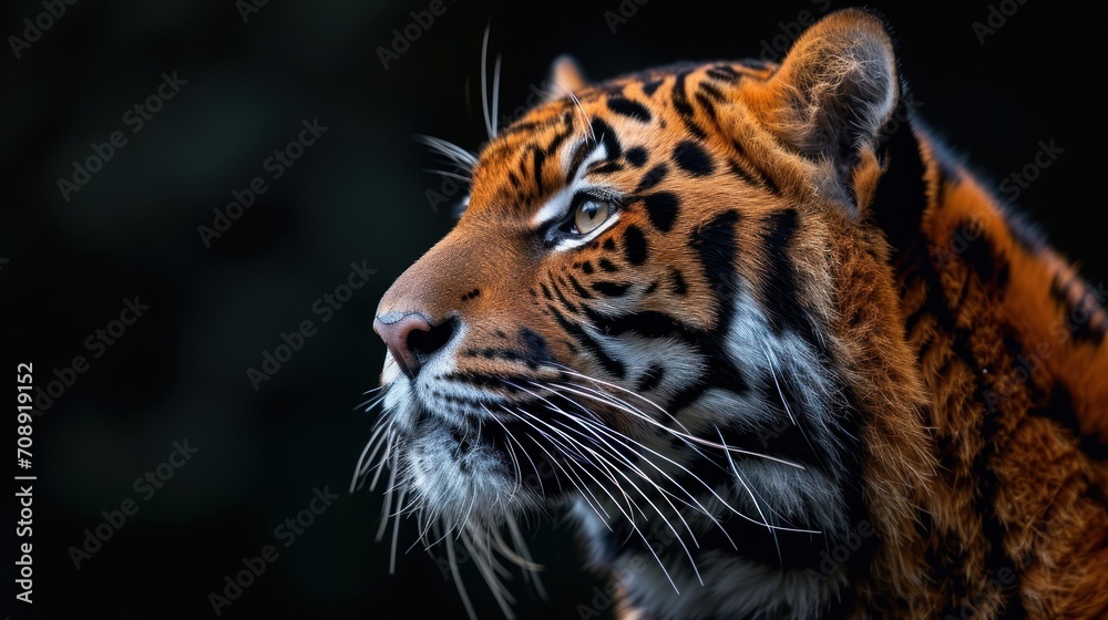 Wall mural a close up of a tiger's face on a black background with a blurry image of the face of a tiger in the