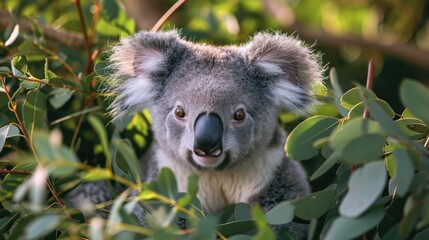 Obraz premium a close up of a koala in a tree looking at the camera with a blurry background of leaves and a blurry branch to the foreground of the koala.