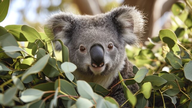  a close up of a koala in a tree looking at the camera with a surprised look on its face and a bush with leaves in front of the background.