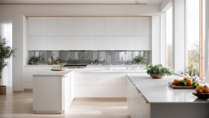 photo of the kitchen with a beautiful and bright clean white theme made by AI generative