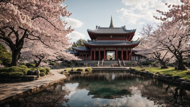 Photo of an Asian temple with a garden decorated with cherry trees and a beautiful pond made by AI generative