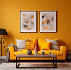 modern living room with sofa. yellow wall
