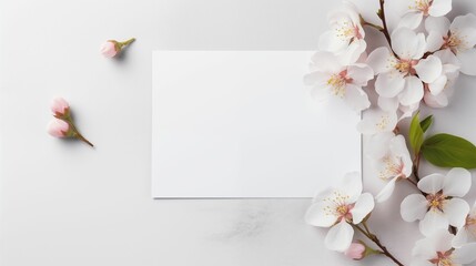 Blank greeting card mockup with flowers. gray background