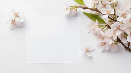 Blank greeting card mockup with flowers. gray background
