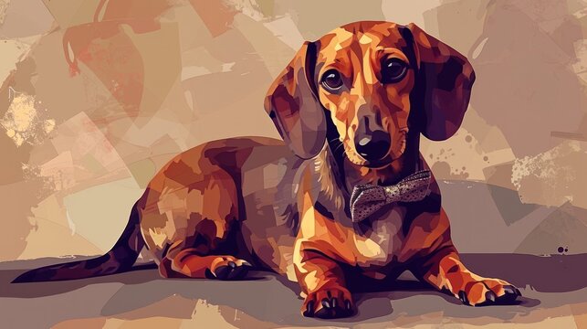  a painting of a dachshund dog with a bow tie sitting in front of a background of brown and tan paint splats with a black spot.