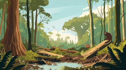  a painting of a bear sitting on a log in the middle of a forest with a river running through the middle of the forest and a lot of tall trees.