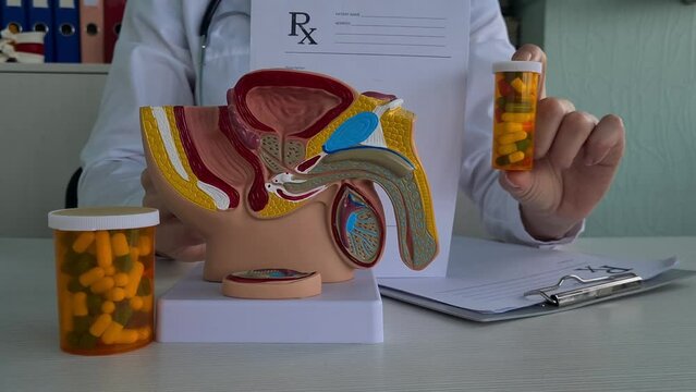 Doctor makes diagnosis and gives advice on treating male erectile dysfunction. Man health problems and pills