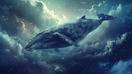 whale on the sky, fantasy world - obrazy, fototapety, plakaty