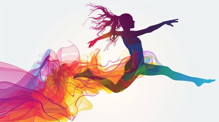 Fototapeta premium a woman is flying through the air with a colorful dress in front of her and her hair blowing in the wind in front of a white background with a blue sky.