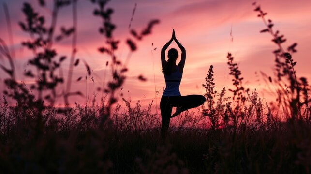  a woman doing a yoga pose in a field of tall grass with the sun setting in the background and a pink and blue sky in the middle of the photo.