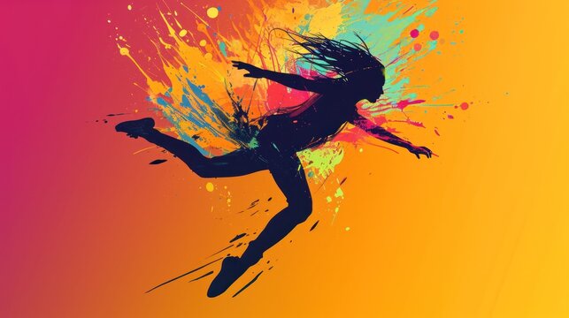  a silhouette of a woman on skis with paint splattered all over her body and arms, and arms, and legs, on a yellow background of multicolored background.