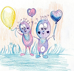 Two cute creatures with hearts (handdrawing)