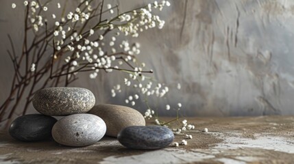  a bunch of rocks sitting on top of a wooden table next to a vase with flowers in it and a twig sticking out of twig next to it.