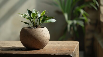  a potted plant sitting on top of a wooden table next to a potted plant on top of a wooden table next to a potted plant in front of a wall.