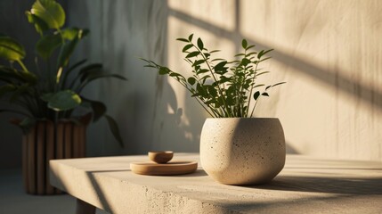  a white vase sitting on top of a wooden table next to a potted plant on top of a wooden table next to a wooden bowl with a plant in it.