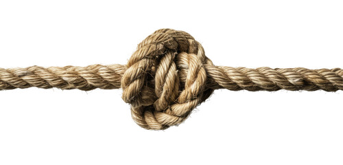 Close-up of a complex beige rope knot on a transparent background.