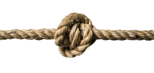 Close-up of a complex beige rope knot on a transparent background.