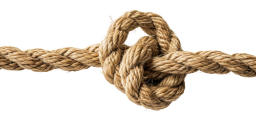 A thick beige rope tied in a secure knot on a transparent background.