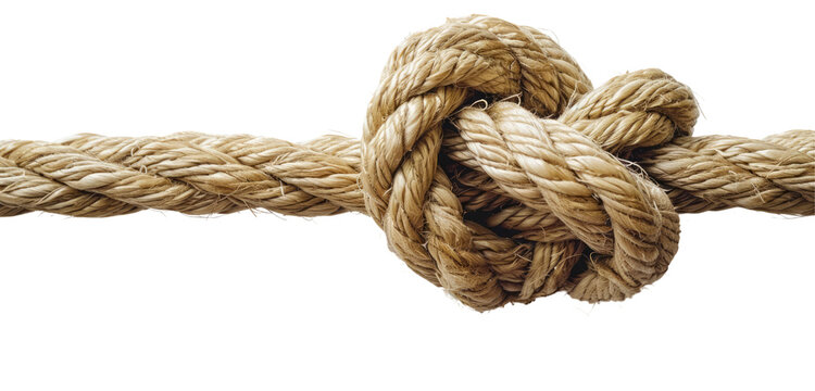 A thick beige rope tied in a secure knot on a transparent background.