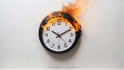 A photo of a burning analog wall clock on a white background depicts time running out made by AI generative