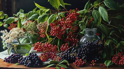  a table topped with vases filled with berries and greenery next to a vase filled with flowers and a bunch of berries on top of leaves next to a vase filled with berries.