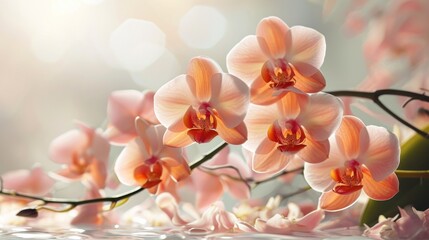  a close up of a bunch of flowers on a branch with water droplets on the ground and a blurry background of pink and white orchids in the foreground.