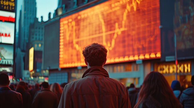 A crowd looking at a billboard showing a stock graph. Generative AI. - Powered by Adobe