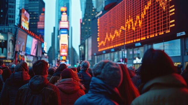 A crowd looking at a billboard showing a stock graph. Generative AI.