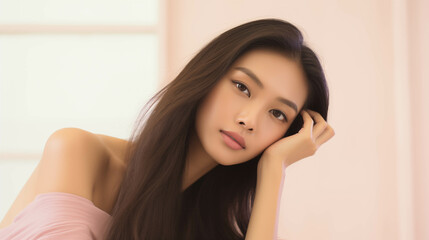 Naklejka premium Asian woman touching her face with her hands.