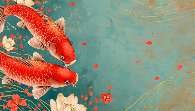 Traditional Koi Fish and Cherry Blossoms Artwork