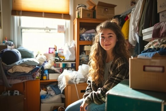 Female College Freshman Candidly Unpacking, Moving Into Her University Dorm Room, Marking A Significant Coming Of Age Moment, Generative AI