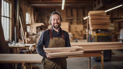 Caucasian carpenter looking at camera with confidence in factory.